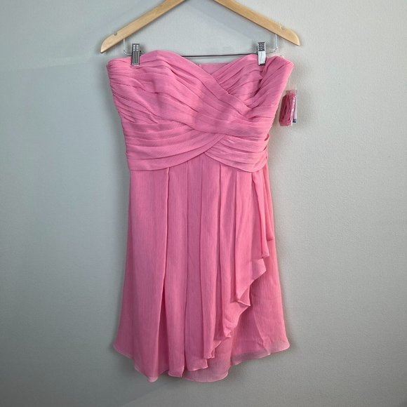 Davids Bridal Strapless Dress 12 Rosepetal‎ Crinkle Chiffon Cascade Bridesmaid - Picture 1 of 13